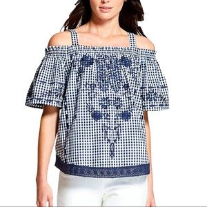 Gingham Off Shoulder Embroidered Top